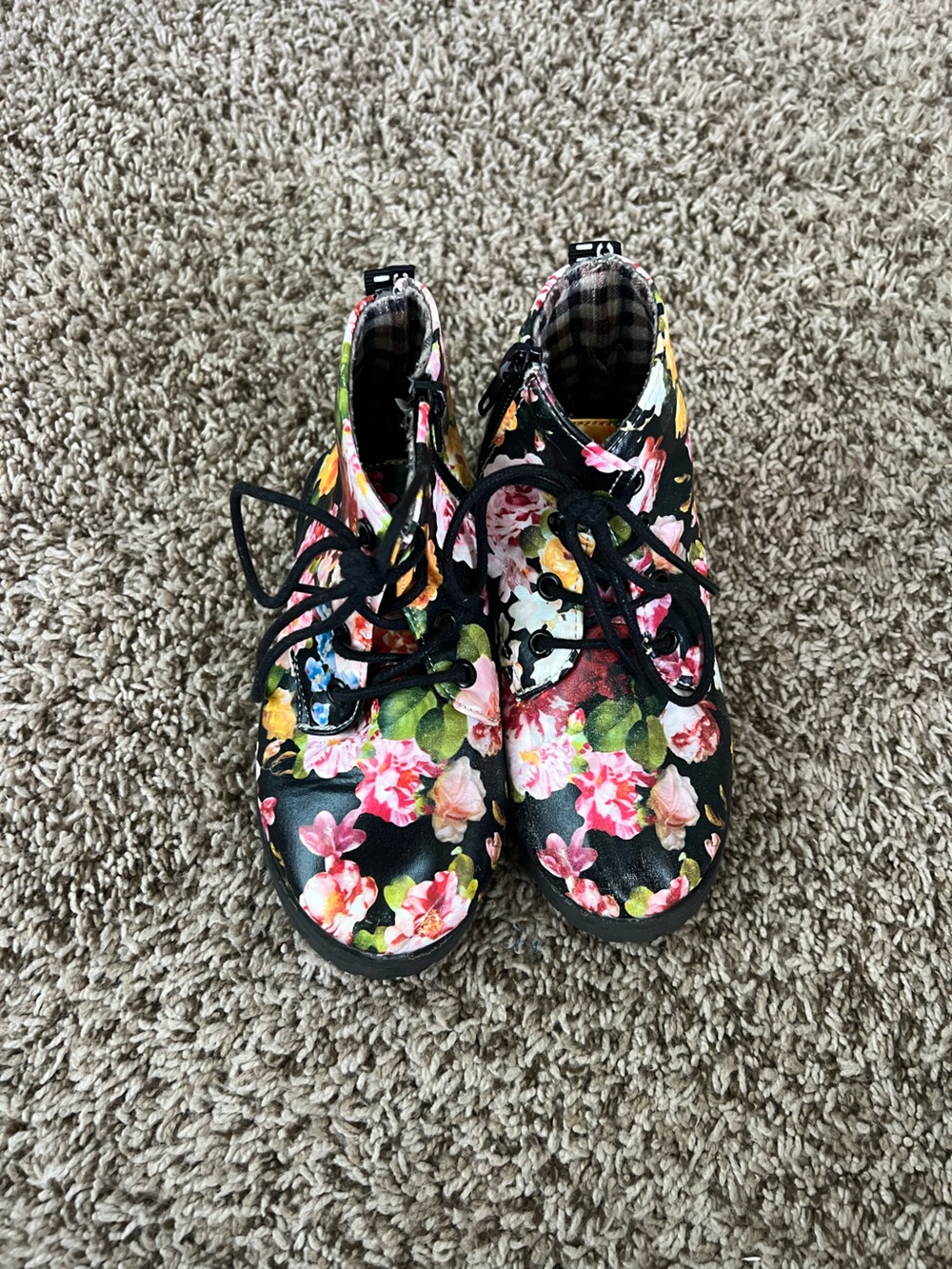 Kids Floral Lace-Up Boots - Black Multi